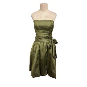 Davids Bridal Olive Green Strapless Ruched Formal Dress 8 Satin Look Bow Detail